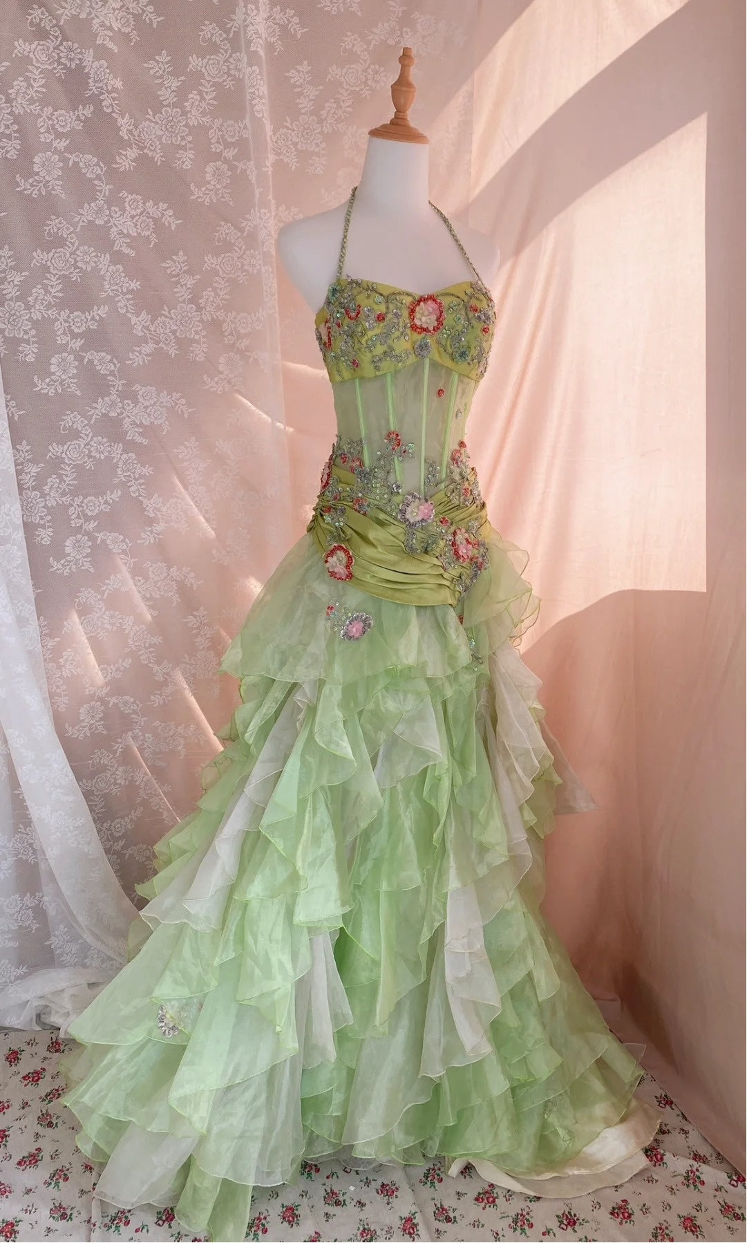 Dopamine Style Mermaid Halter Neck Formal Dresses Sequins Appliques Beading Prom Dress AP3060