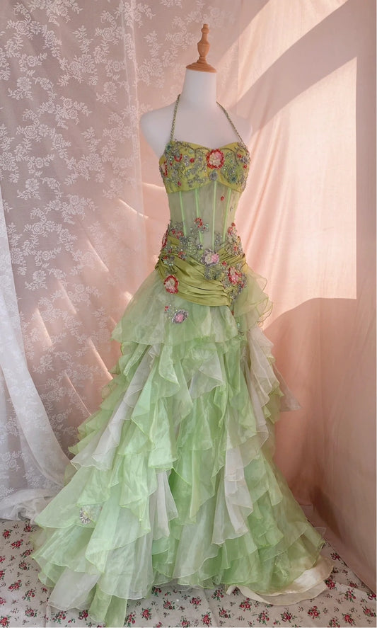 Dopamine Style Mermaid Halter Neck Formal Dresses Sequins Appliques Beading Prom Dress AP3060