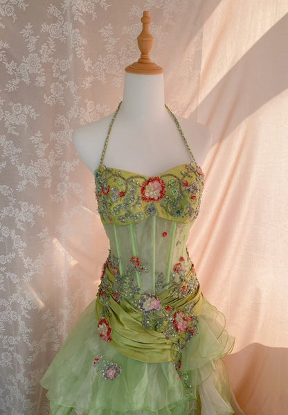 Dopamine Style Mermaid Halter Neck Formal Dresses Sequins Appliques Beading Prom Dress AP3060