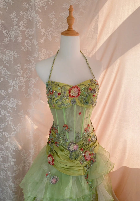 Dopamine Style Mermaid Halter Neck Formal Dresses Sequins Appliques Beading Prom Dress AP3060