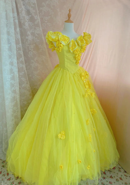 Dopamine Style A-Line V-Neck Evening Gowns Handmade Flowers Beads Yellow Prom Dress AP3061