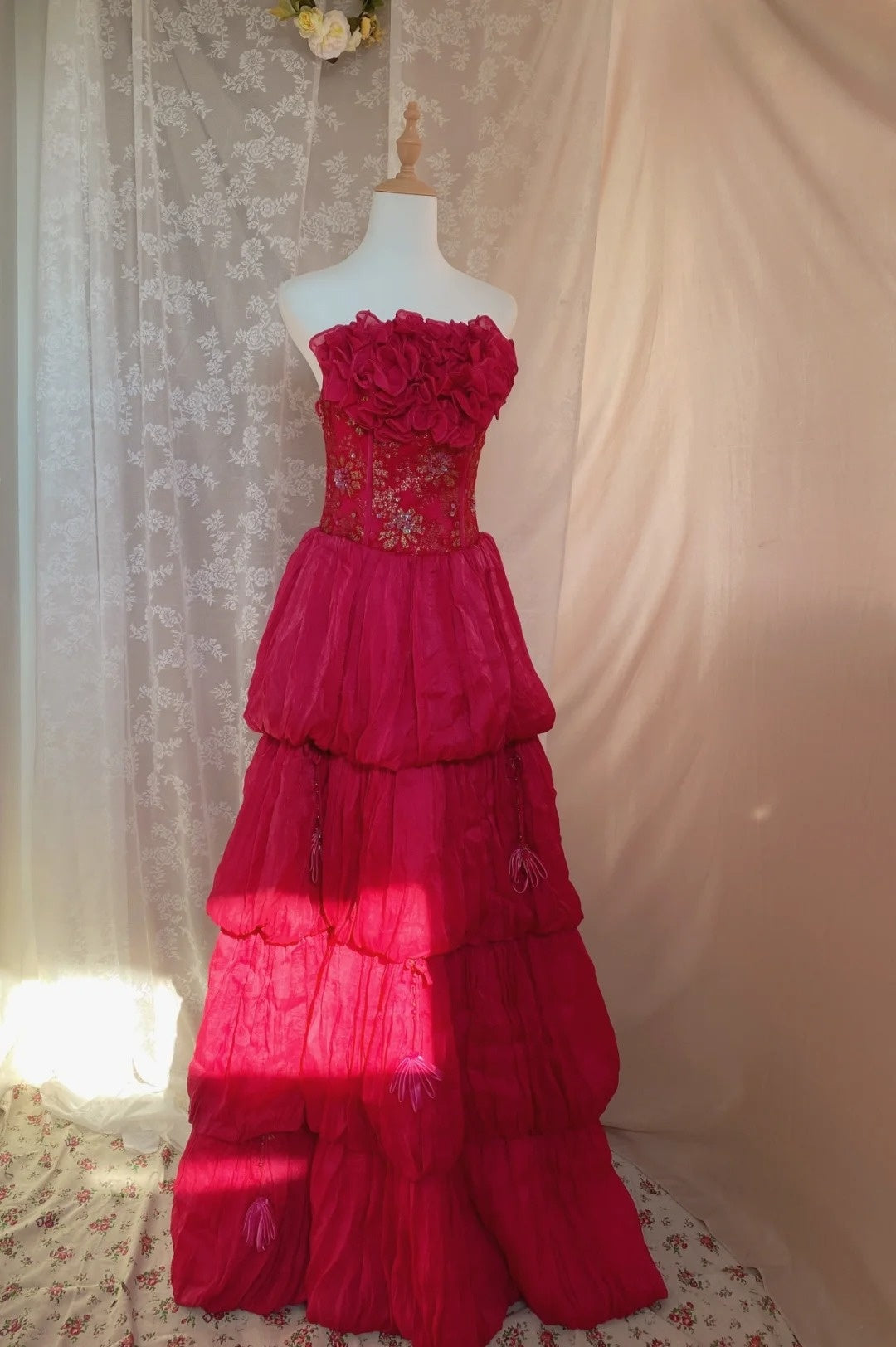 Adorable Strapless A-Line Sweet 16th Gowns Sequins Appliques Ruffles Tiered Prom Dress AP3065