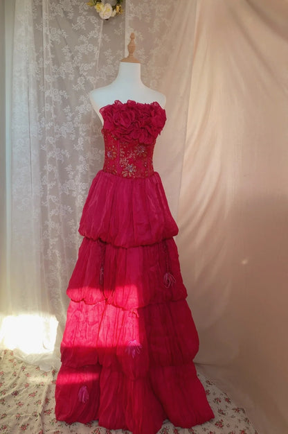 Adorable Strapless A-Line Sweet 16th Gowns Sequins Appliques Ruffles Tiered Prom Dress AP3065