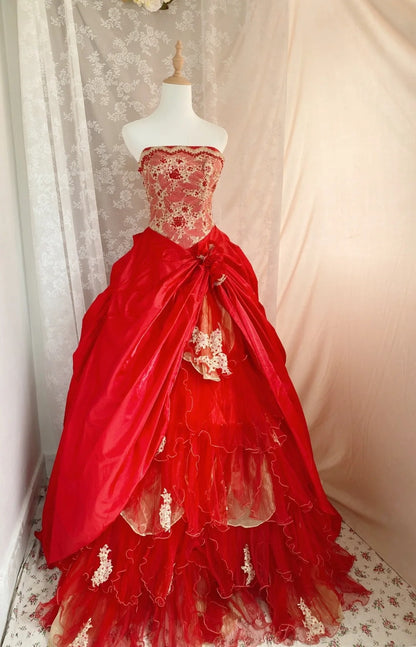 Playful Strapless A-Line Sweet 16th Dresses Lace Sequins Appliques Handmade Flowers Prom Dress AP3066