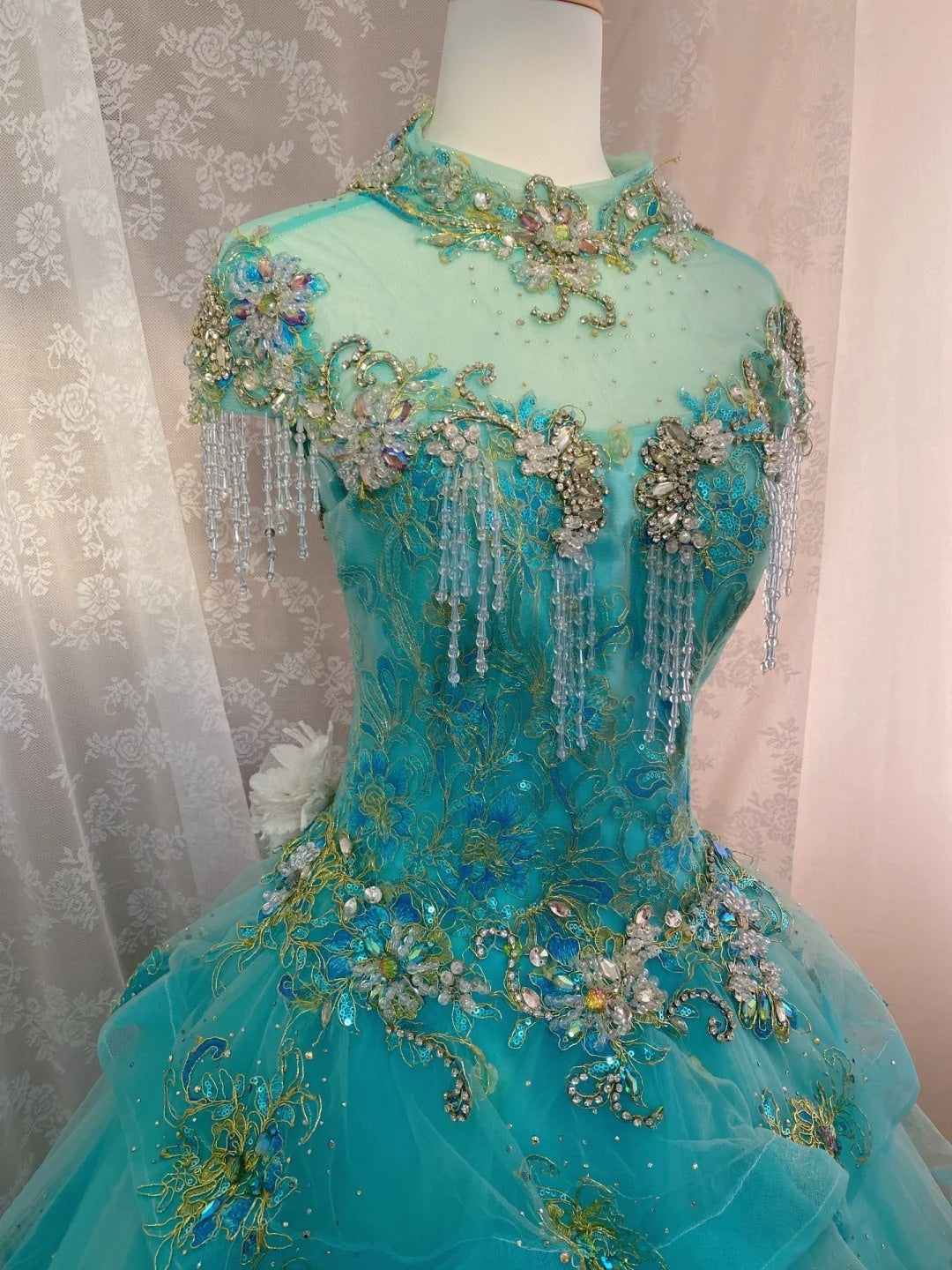 Bling High Collar A-Line Sweet 16th Dresses Rhinestones Beadings Sequins Handmade Flowers Prom Dress AP3067