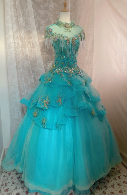 Bling High Collar A-Line Sweet 16th Dresses Rhinestones Beadings Sequins Handmade Flowers Prom Dress AP3067