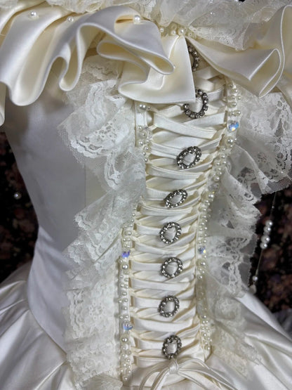 Flattering Off-Shoulder A-Line Bridal Dress Bows Crystals Beads Lace Sequins Wedding Dress AP3071