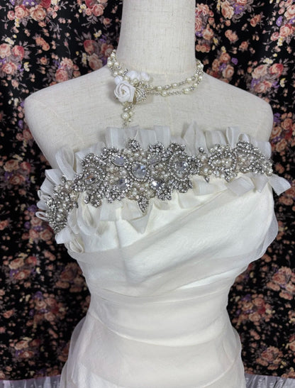 Modern Strapless Mermaid Tiered Bridal Gowns Rhinestones Lace Pleated Wedding Dress AP3075