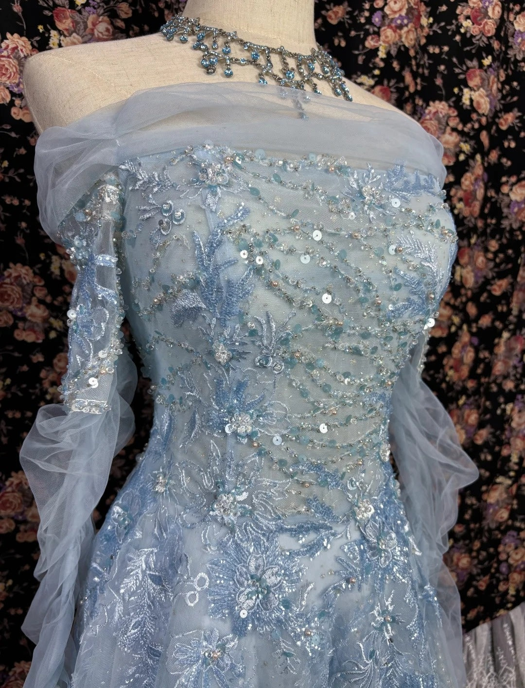 Maximalism Off-Shoulder A-Line Evening Gowns Long Sleeve Sequins Beads Embroidery Prom Dress AP3078