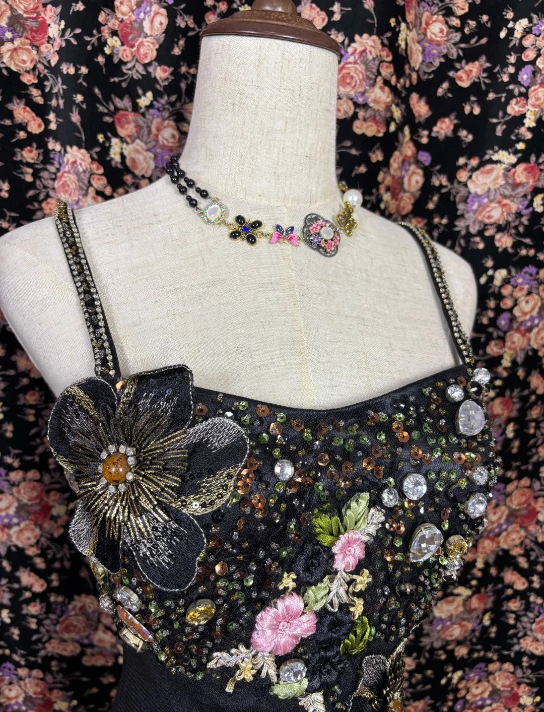 Fancy Spaghetti Straps Mermaid Evening Gown Rhinestones Appliques Sequins Handmade Flowers Prom Dress AP3079