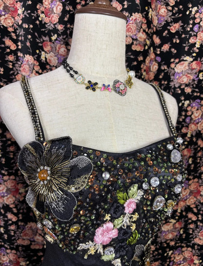 Fancy Spaghetti Straps Mermaid Evening Gown Rhinestones Appliques Sequins Handmade Flowers Prom Dress AP3079