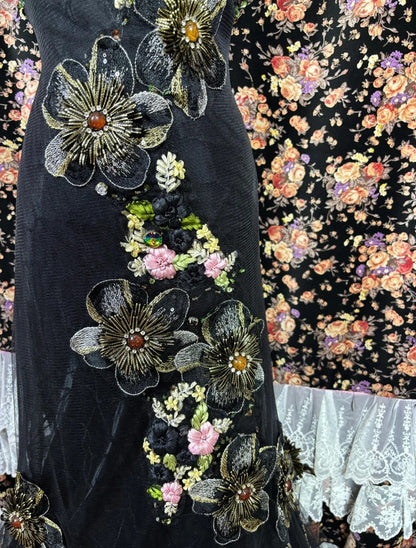 Fancy Spaghetti Straps Mermaid Evening Gown Rhinestones Appliques Sequins Handmade Flowers Prom Dress AP3079