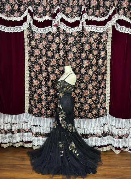 Fancy Spaghetti Straps Mermaid Evening Gown Rhinestones Appliques Sequins Handmade Flowers Prom Dress AP3079