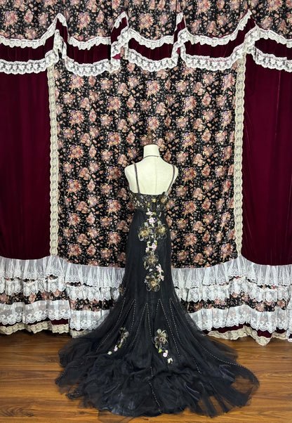 Fancy Spaghetti Straps Mermaid Evening Gown Rhinestones Appliques Sequins Handmade Flowers Prom Dress AP3079