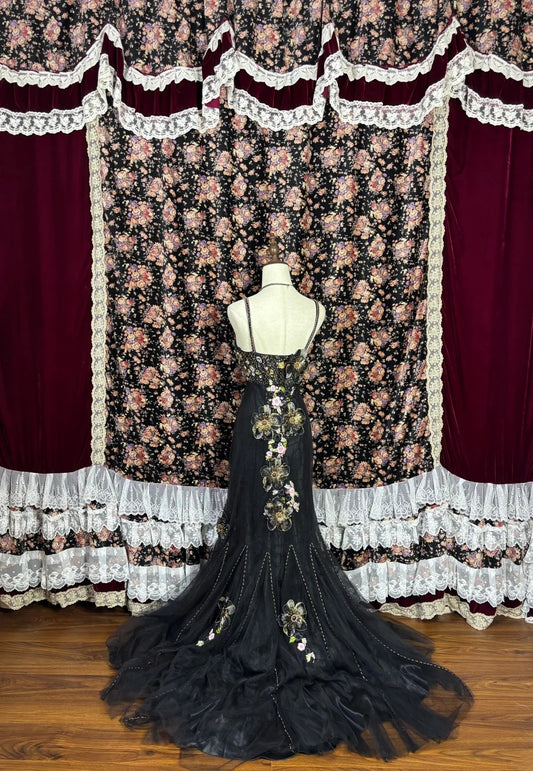 Fancy Spaghetti Straps Mermaid Evening Gown Rhinestones Appliques Sequins Handmade Flowers Prom Dress AP3079