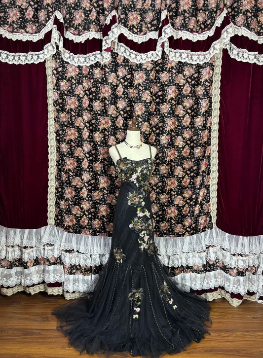 Fancy Spaghetti Straps Mermaid Evening Gown Rhinestones Appliques Sequins Handmade Flowers Prom Dress AP3079