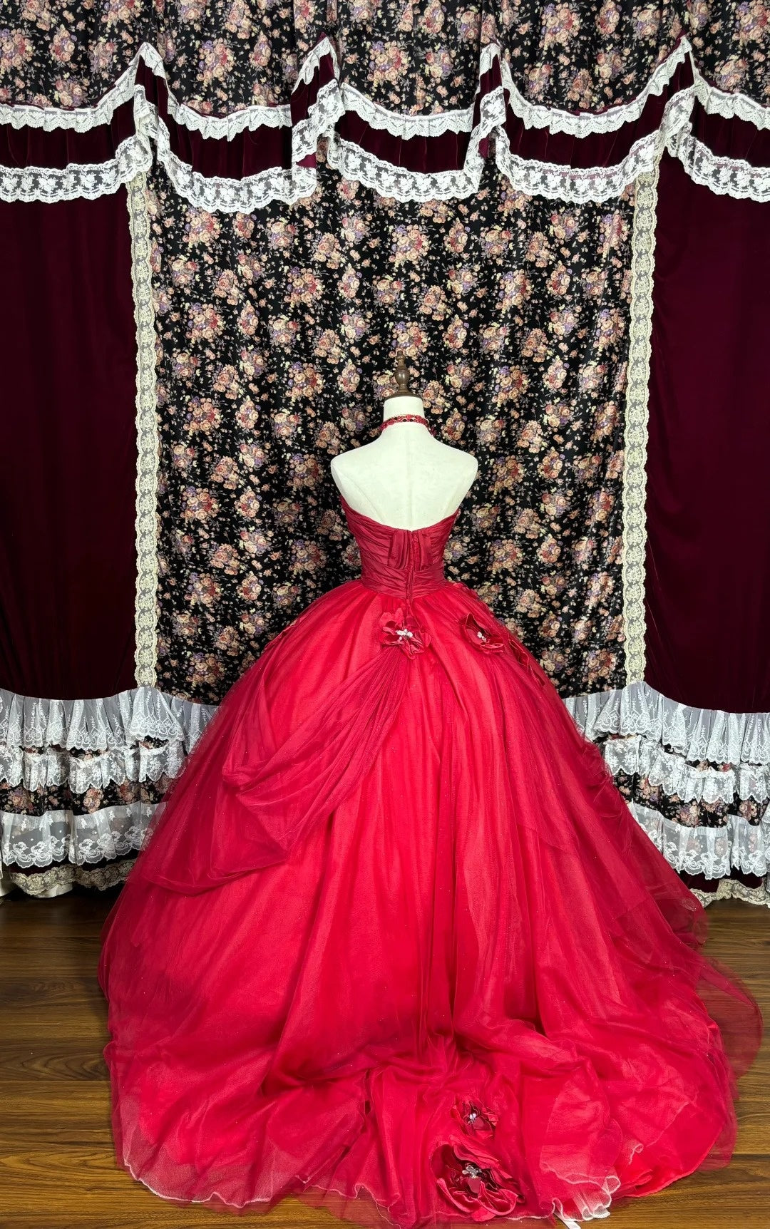 Hot Girls Strapless A-Line Sweet 16th Dresses Rhinestones Sequins Handmade Flowers Red Prom Dress AP3082