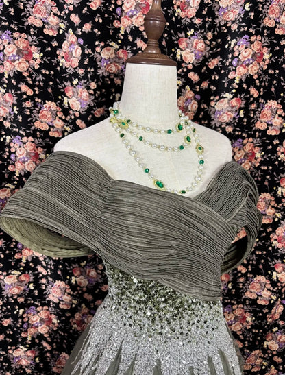 Gen Z Style Off-Shoulder A-Line Formal Dresses Sequins Beads Slit Tulle Prom Dress AP3083