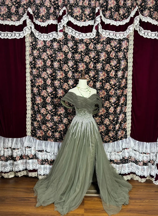 Gen Z Style Off-Shoulder A-Line Formal Dresses Sequins Beads Slit Tulle Prom Dress AP3083