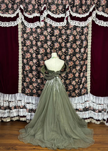 Gen Z Style Off-Shoulder A-Line Formal Dresses Sequins Beads Slit Tulle Prom Dress AP3083