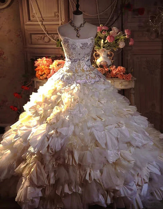 Luxury Strapless A-Line Sweet 16th Gowns Beads Handmade Flowers Sequins Appliques Prom Dress AP3090