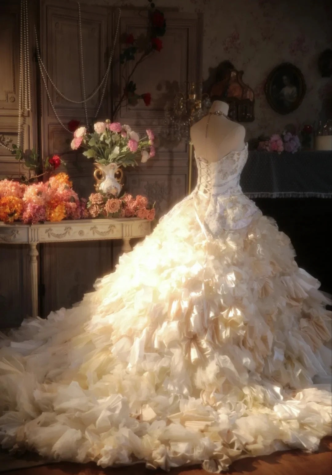 Luxury Strapless A-Line Sweet 16th Gowns Beads Handmade Flowers Sequins Appliques Prom Dress AP3090