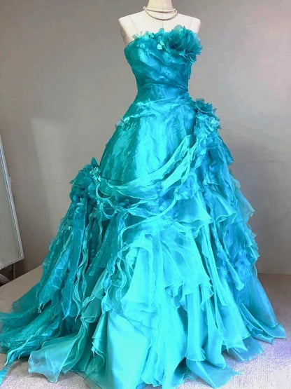 Graceful Strapless A-Line Ruffled Sweet 16th Gowns Beads Handmade Flowers Appliques Prom Dress AP3091
