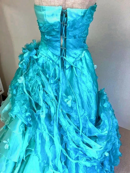 Graceful Strapless A-Line Ruffled Sweet 16th Gowns Beads Handmade Flowers Appliques Prom Dress AP3091