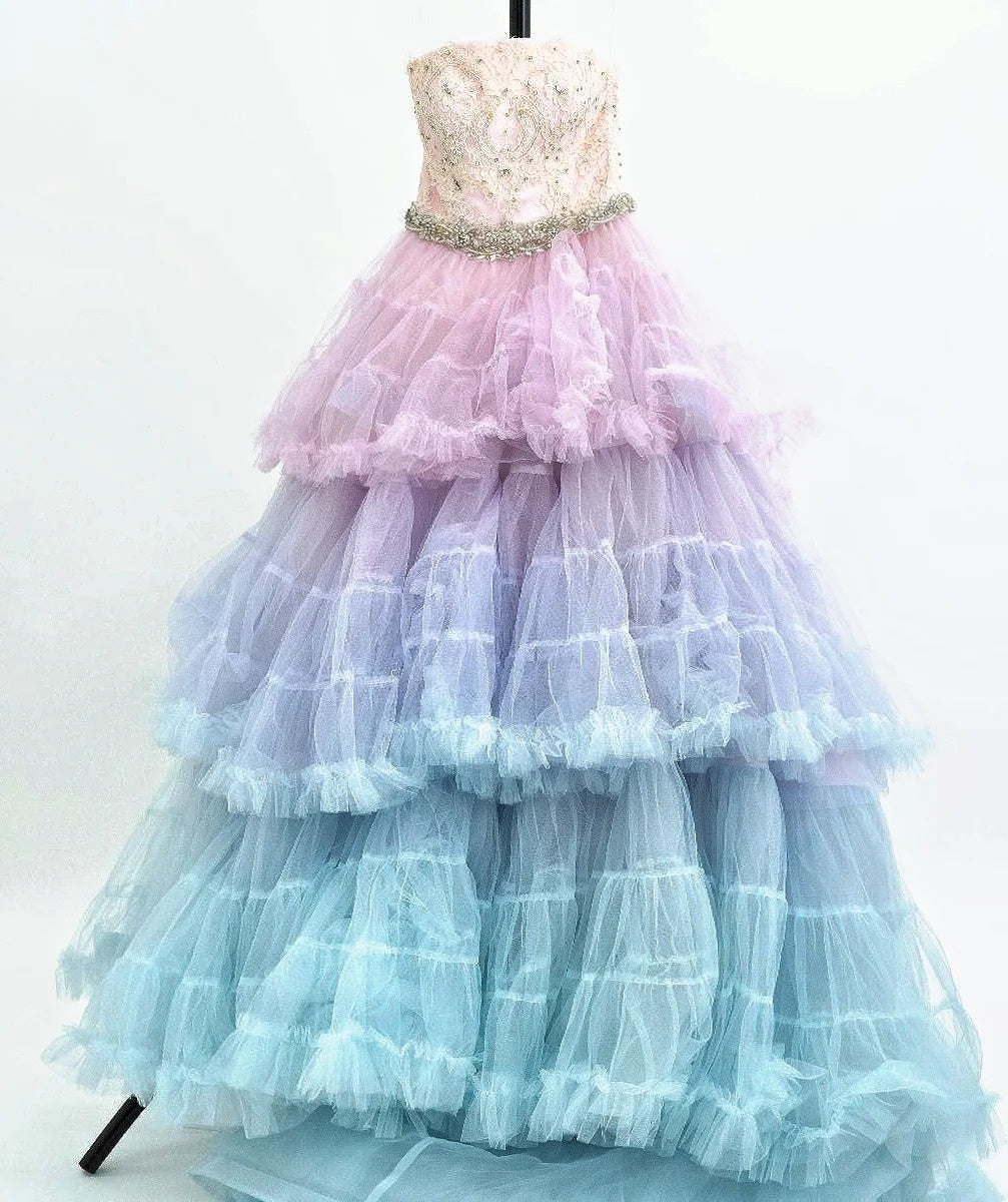 Elegant Strapless A-Line Sweet 16th Gowns Ombre Tiered Lace Crystals Beads Prom Dress AP3092