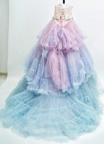 Elegant Strapless A-Line Sweet 16th Gowns Ombre Tiered Lace Crystals Beads Prom Dress AP3092