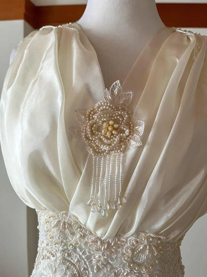 Classical V-Neck A-Line Pleated Sweet 16th Gowns Beads Appliques Pearls Prom Dress AP3093