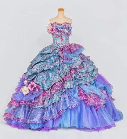 Sweet Strapless A-Line Ruffles Floral Formal Gowns Handmade Flowers Lace Tiered Prom Dress AP3095