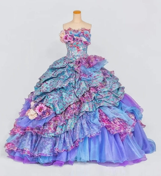 Sweet Strapless A-Line Ruffles Floral Formal Gowns Handmade Flowers Lace Tiered Prom Dress AP3095