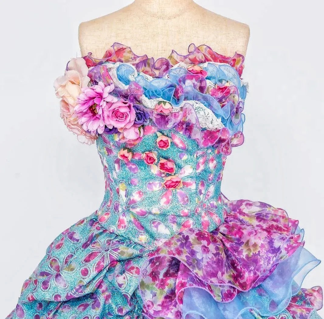 Sweet Strapless A-Line Ruffles Floral Formal Gowns Handmade Flowers Lace Tiered Prom Dress AP3095