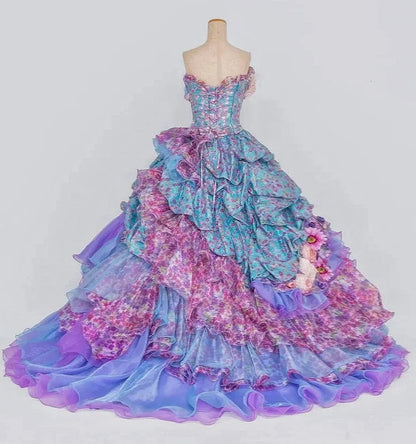 Sweet Strapless A-Line Ruffles Floral Formal Gowns Handmade Flowers Lace Tiered Prom Dress AP3095