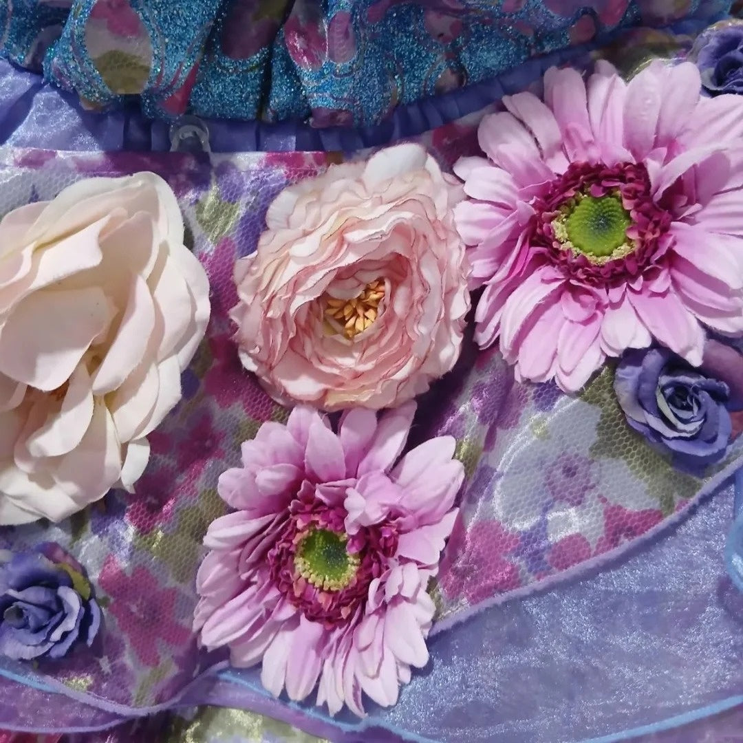 Sweet Strapless A-Line Ruffles Floral Formal Gowns Handmade Flowers Lace Tiered Prom Dress AP3095