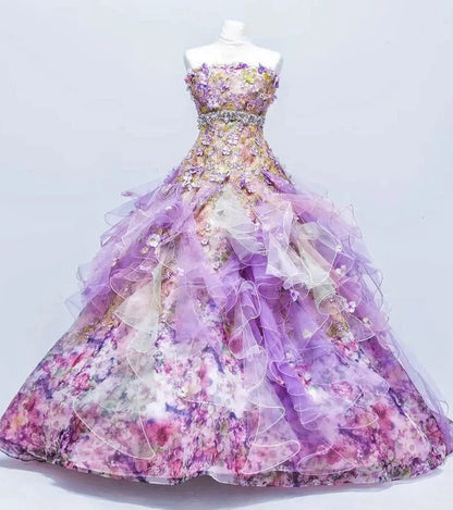 Cute Floral Strapless A-Line Sweet 16th Gowns Crystals Appliques Beading Ruffles Tulle Prom Dress AP3096