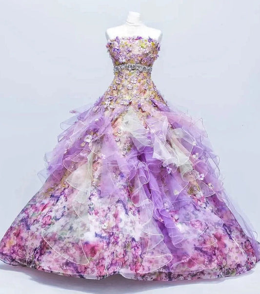 Cute Floral Strapless A-Line Sweet 16th Gowns Crystals Appliques Beading Ruffles Tulle Prom Dress AP3096