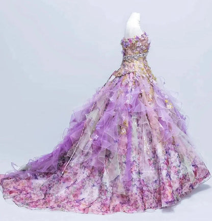 Cute Floral Strapless A-Line Sweet 16th Gowns Crystals Appliques Beading Ruffles Tulle Prom Dress AP3096