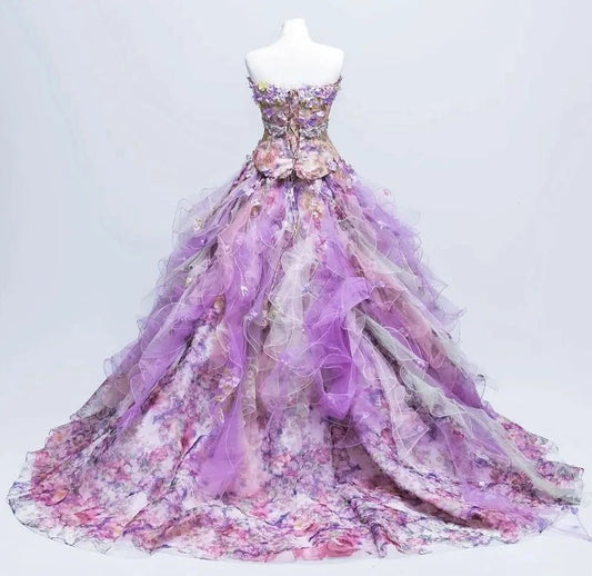 Cute Floral Strapless A-Line Sweet 16th Gowns Crystals Appliques Beading Ruffles Tulle Prom Dress AP3096