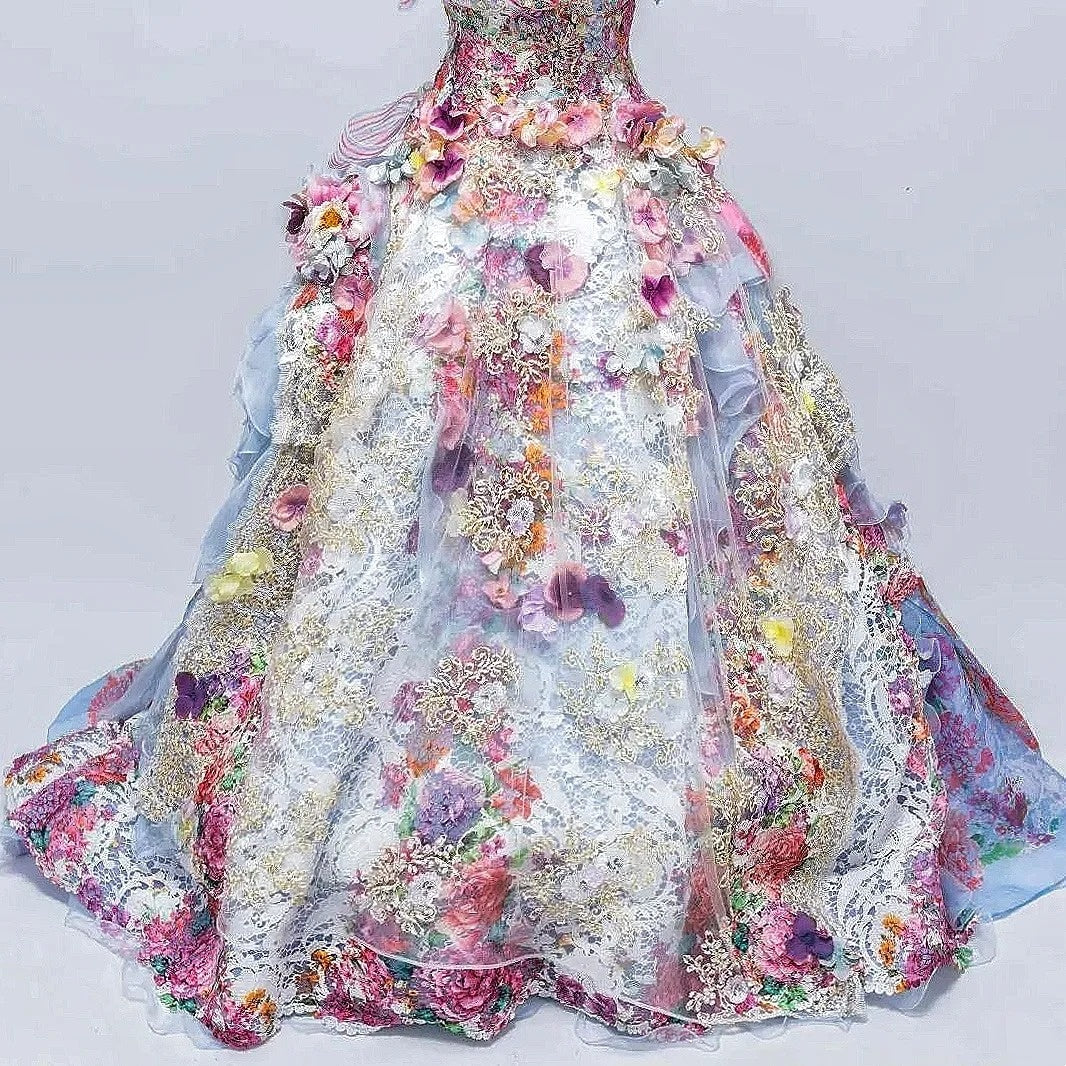 Artistic Strapless A-Line Sweet 16th Gowns Handmade Flowers Lace Bows Beads Prom Dress AP3097