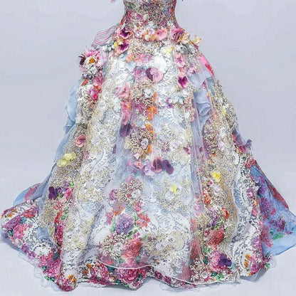 Artistic Strapless A-Line Sweet 16th Gowns Handmade Flowers Lace Bows Beads Prom Dress AP3097