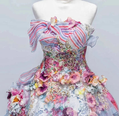 Artistic Strapless A-Line Sweet 16th Gowns Handmade Flowers Lace Bows Beads Prom Dress AP3097