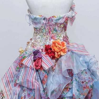 Artistic Strapless A-Line Sweet 16th Gowns Handmade Flowers Lace Bows Beads Prom Dress AP3097