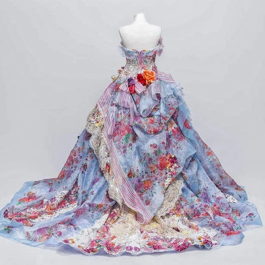 Artistic Strapless A-Line Sweet 16th Gowns Handmade Flowers Lace Bows Beads Prom Dress AP3097