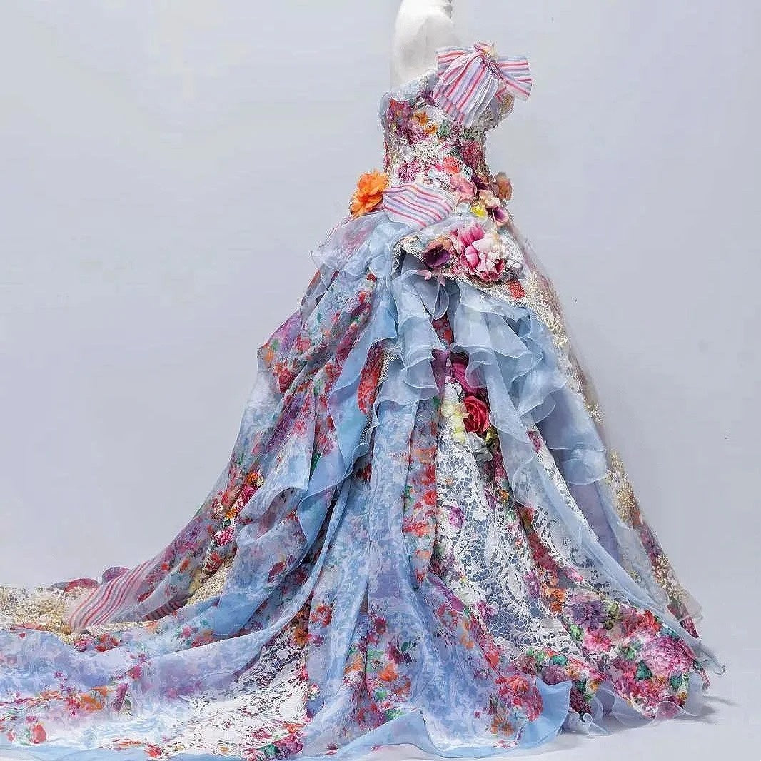 Artistic Strapless A-Line Sweet 16th Gowns Handmade Flowers Lace Bows Beads Prom Dress AP3097