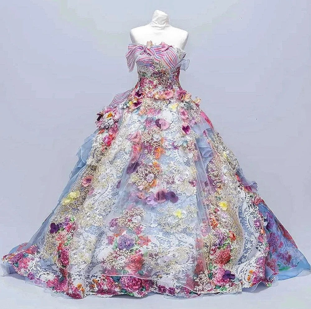 Artistic Strapless A-Line Sweet 16th Gowns Handmade Flowers Lace Bows Beads Prom Dress AP3097