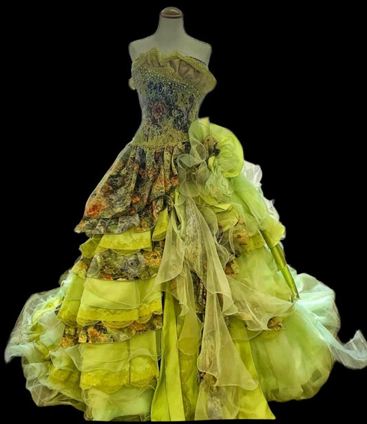 Dreamy Strapless A-Line Formal Gowns Handmade Flowers Lace Appliques Sequins Beads Prom Dress AP3098