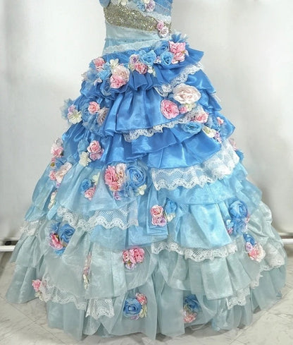 Gorgeous One Shoulder A-Line Evening Gowns Sequins Lace Handmade Flowers Tiered Prom Dress AP3102