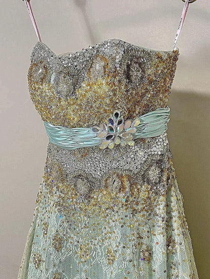 Glam Strapless Sheath Formal Gowns Rhinestone Sequins Lace Beading Prom Dress AP3103